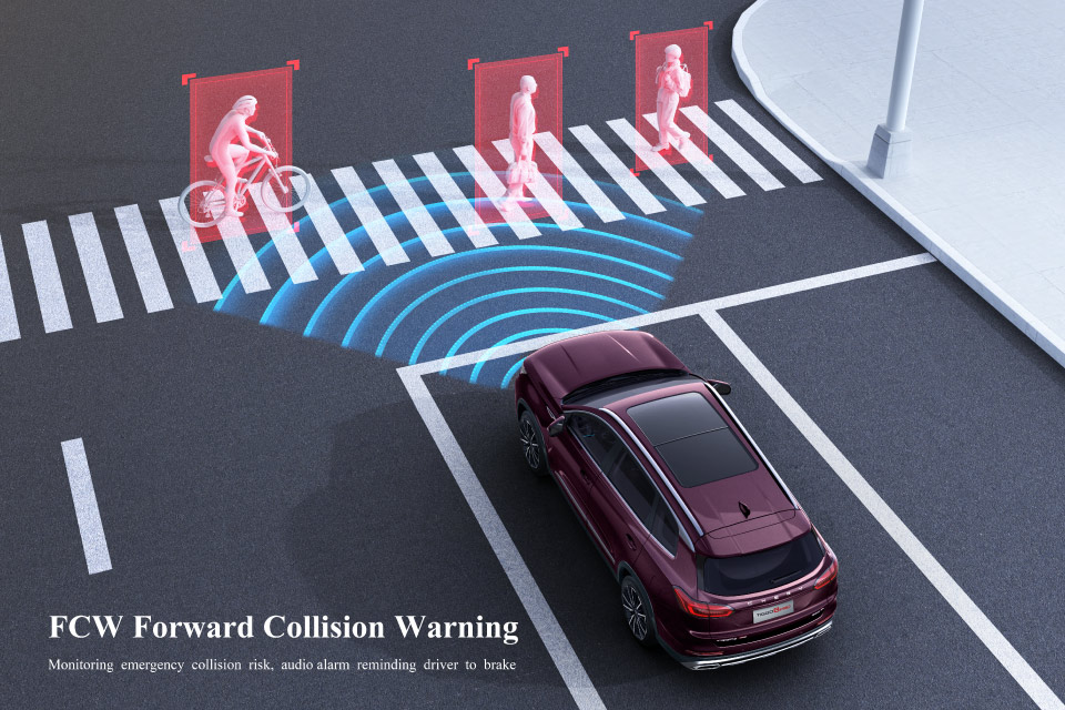 FCW: Detecta si existen obstáculos inesperados en frente, ante lo cual emite una alerta sonora de emergencia permitiendo un frenado oportuno del conductor, reduciendo el riesgo de accidentes.